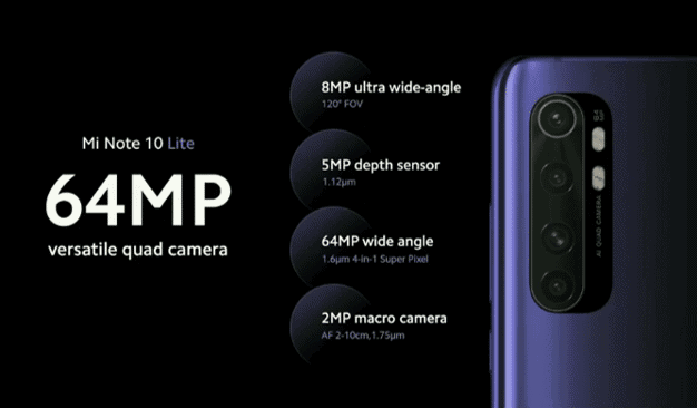 Machine generated alternative text:
Mi Note 10 Lite 
64MP 
versatile quad camera 
8M P ultra wide-angle 
120' 
SMP depth sensor 
64MP wide angle 
2MP macro camera 
AS 