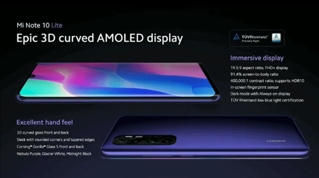 Machine generated alternative text:
Mi Note 10 
Epic 3D curved AMOLED display 
Excellent hand feel 
Immersive display 
'959 
TOV 